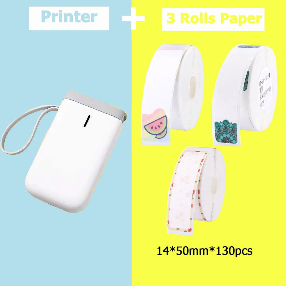 Mini portable Bluetooth thermal label printer in black, 130x75x28mm, with 203dpi print head and 15mm label roll