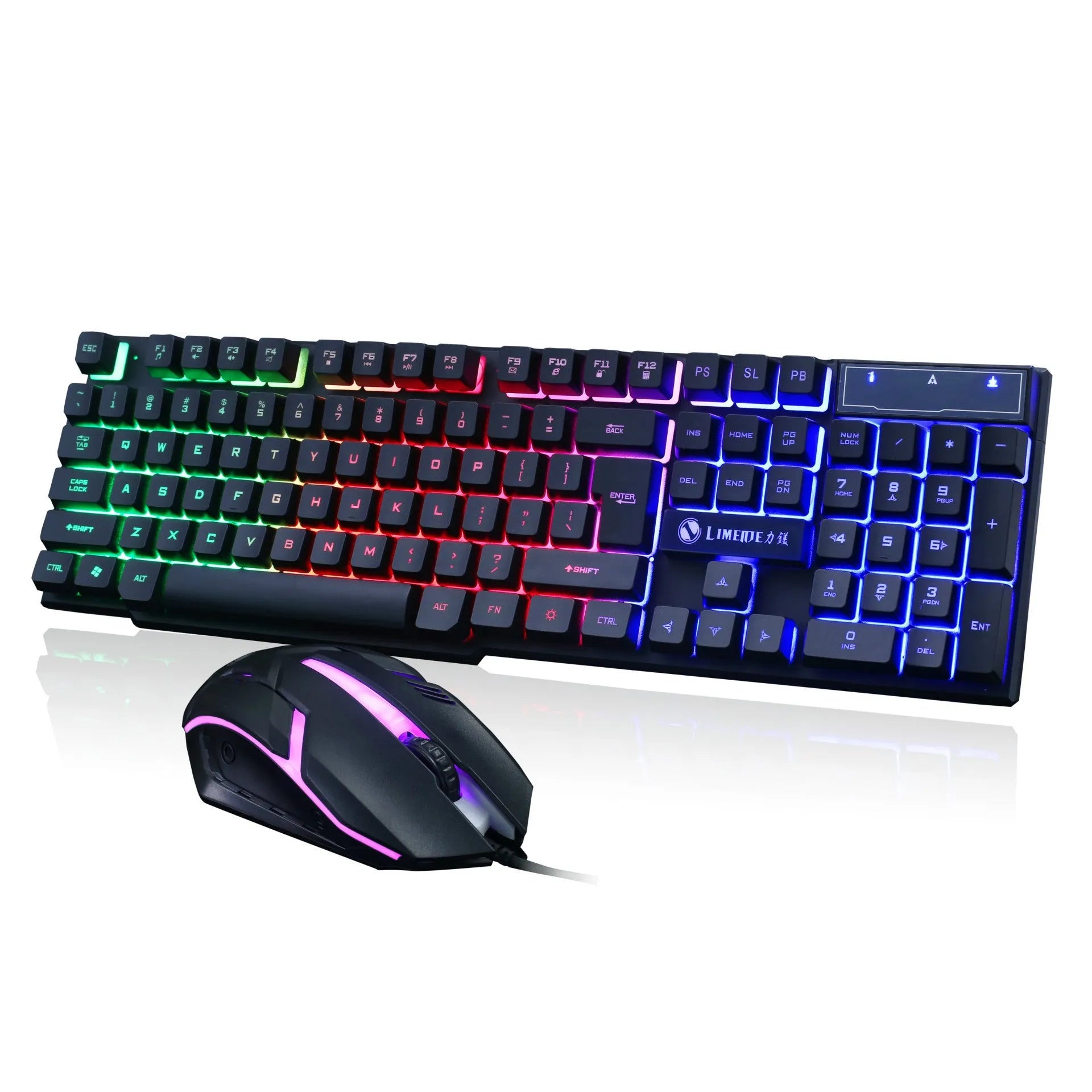Limei GTX300 white and black gaming keyboard and mouse set on a desktop