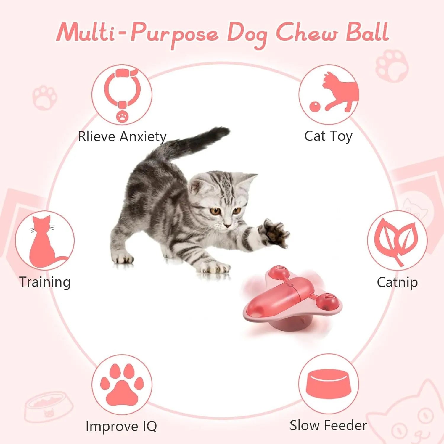 Blue interactive pet puzzle spinner toy with bell, catnip, and treat cabin on a smooth floor