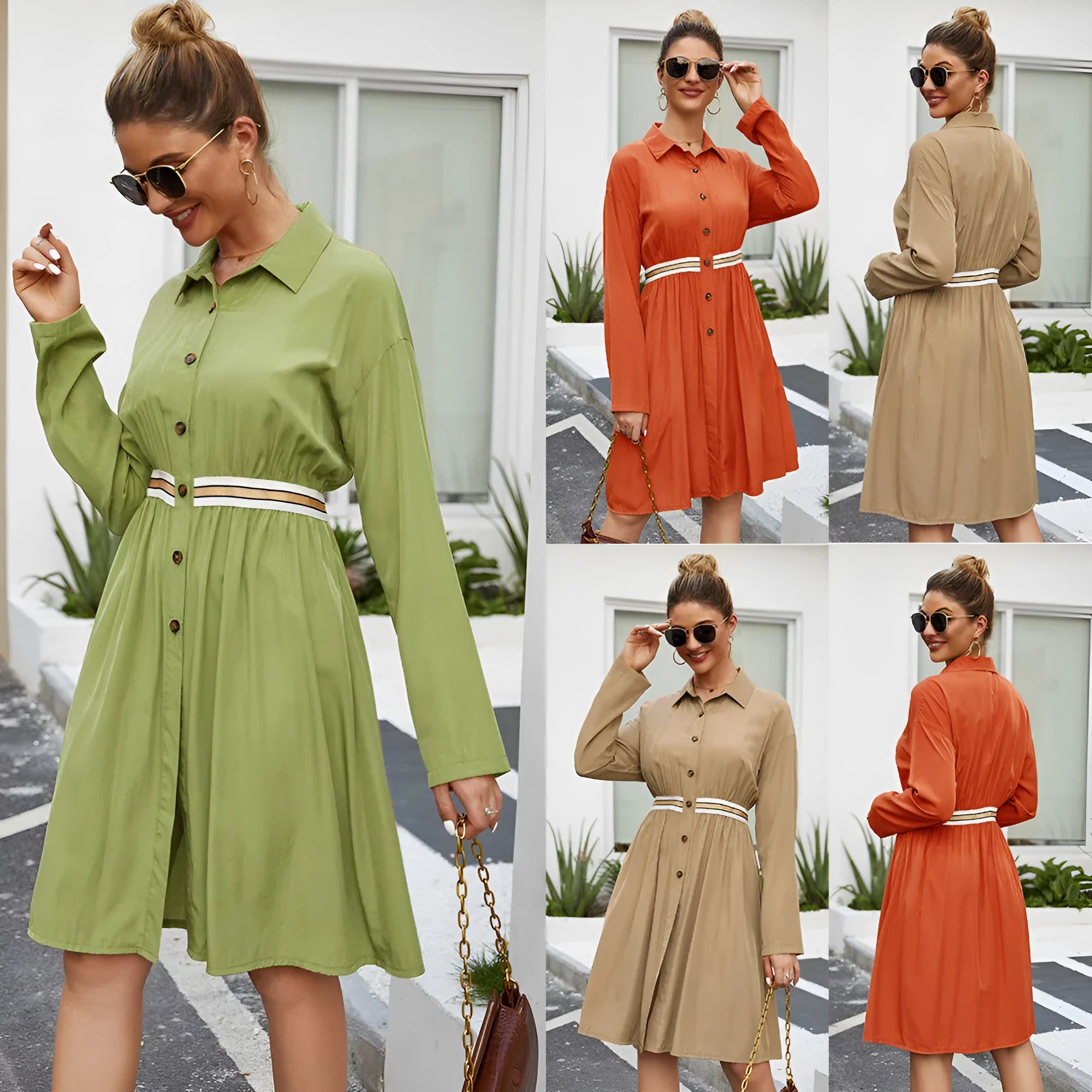Women's casual summer dress with lapel collar, long sleeves, elastic waist, and A-line skirt in green