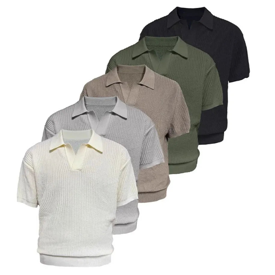 Man wearing a beige short-sleeve polo shirt with a striped collar, showcasing business casual summer style.