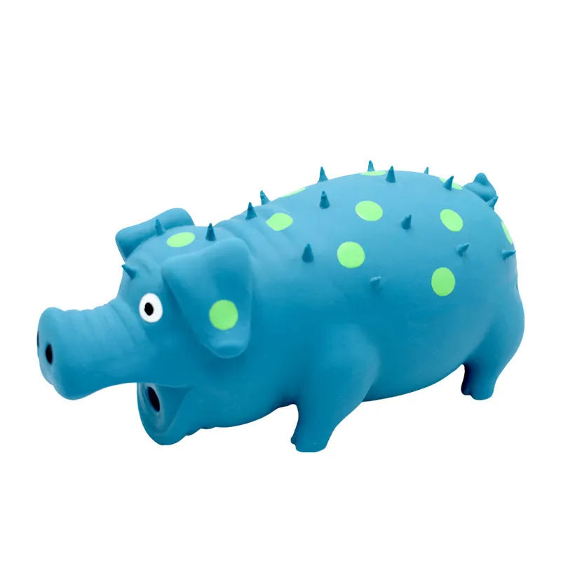 Colourful latex pig-shaped dog chew toy with textured surface for teeth grinding