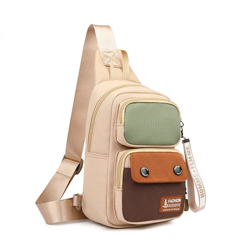 Nylon crossbody shoulder bag in black, beige contrast, or light brown contrast colour with simple letter pattern