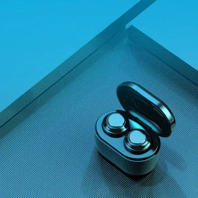 Black stereo Bluetooth headset showing earplug design.