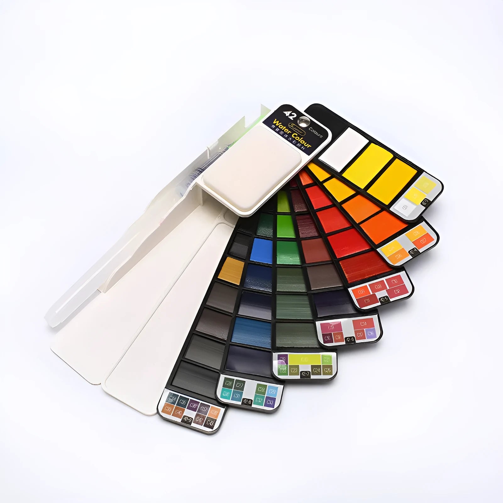Fan-shaped foldable solid watercolour paint kit with transparent plastic box showing colour selection options