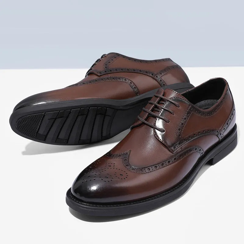 Men's black and brown brogue leather shoes for business wear with traditional perforated detailing