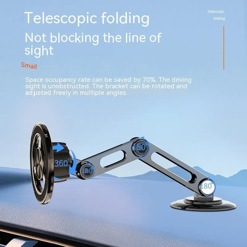All-metal magnetic car phone holder mounted on a dashboard, showing 360-degree rotation.