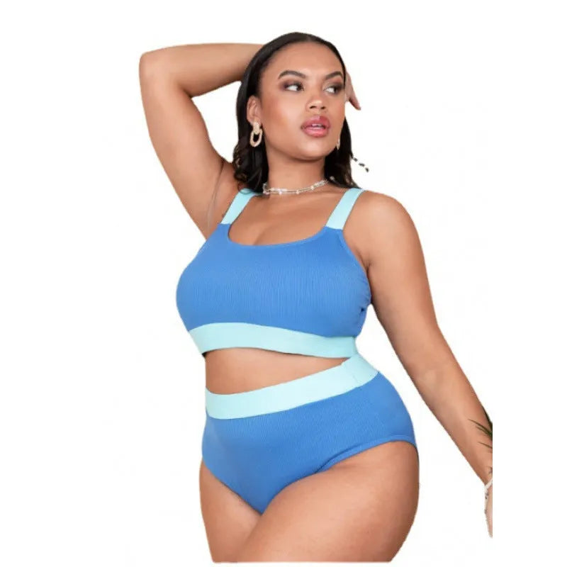 Women's polyester high waist bikini set with split leg design in pure colour with visible stitching