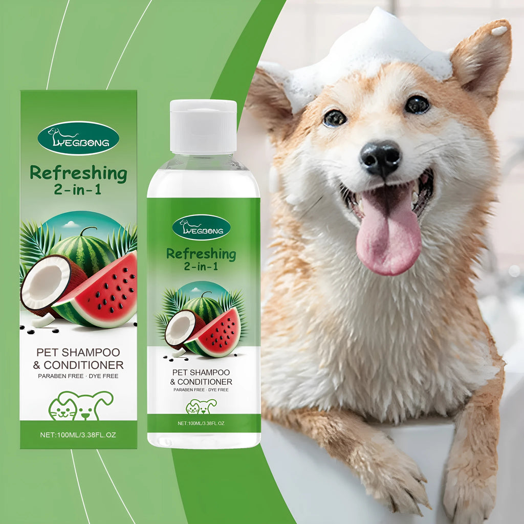 100ml bottle of pet 2-in-1 shampoo and fragrance shower gel with watermelon and coconut extract.
