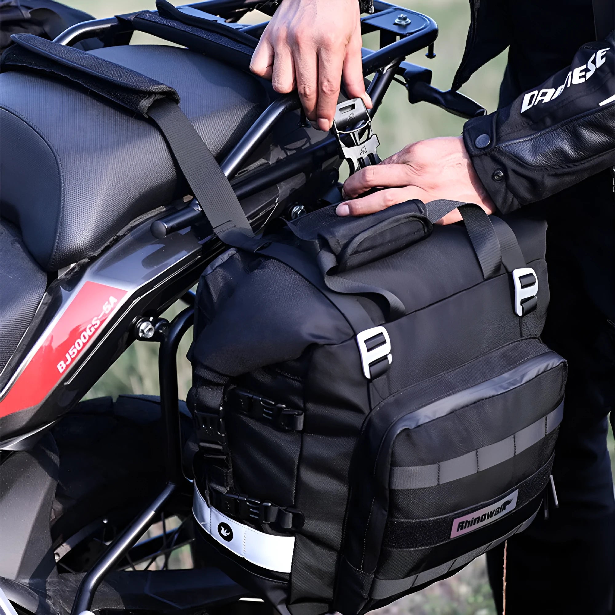 20L quick release motorcycle side bag in polyester, shown in army green and black colour options