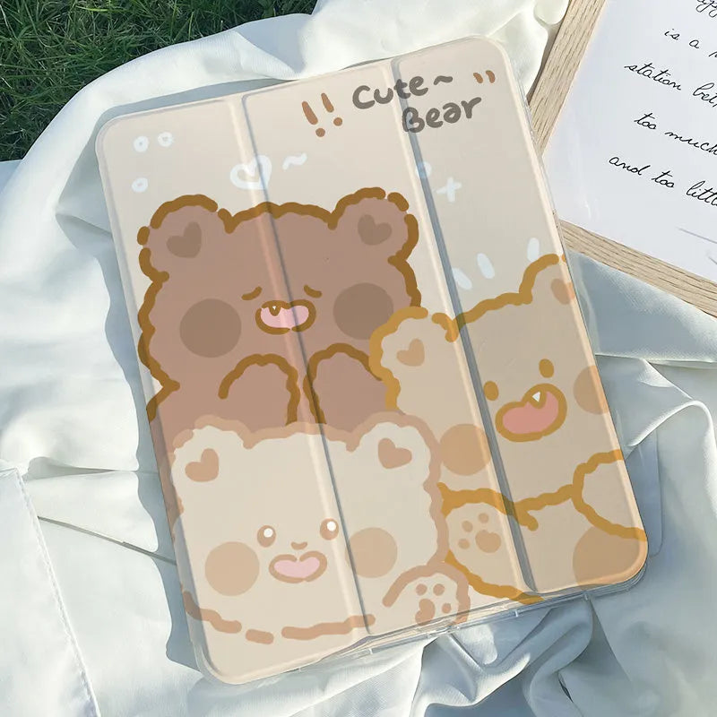 Silicone tri-fold iPad case with cartoon rabbit print, shown folded into a stand.