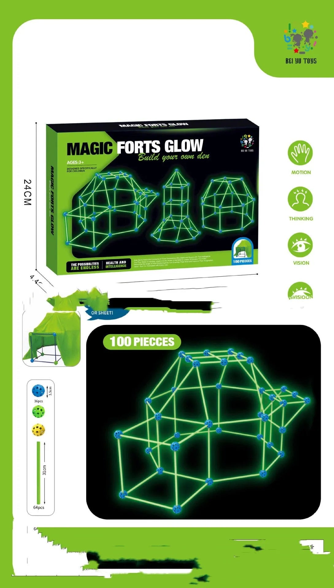 Luminous children's fort building kit with plastic sticks and connector balls for constructing castles and play tents
