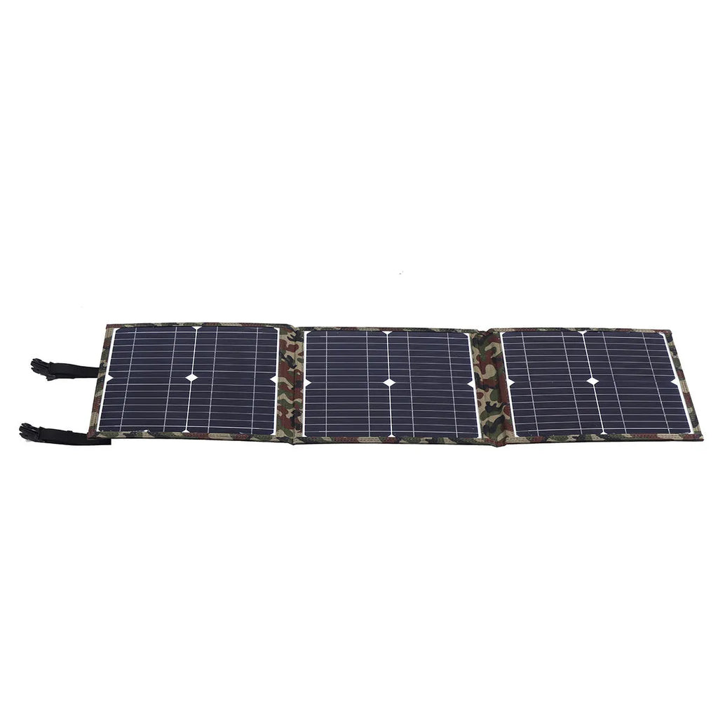 36W black foldable solar panel with monocrystalline cells and charging accessories