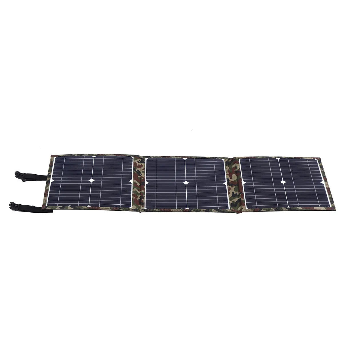 36W black foldable solar panel with monocrystalline cells and charging accessories