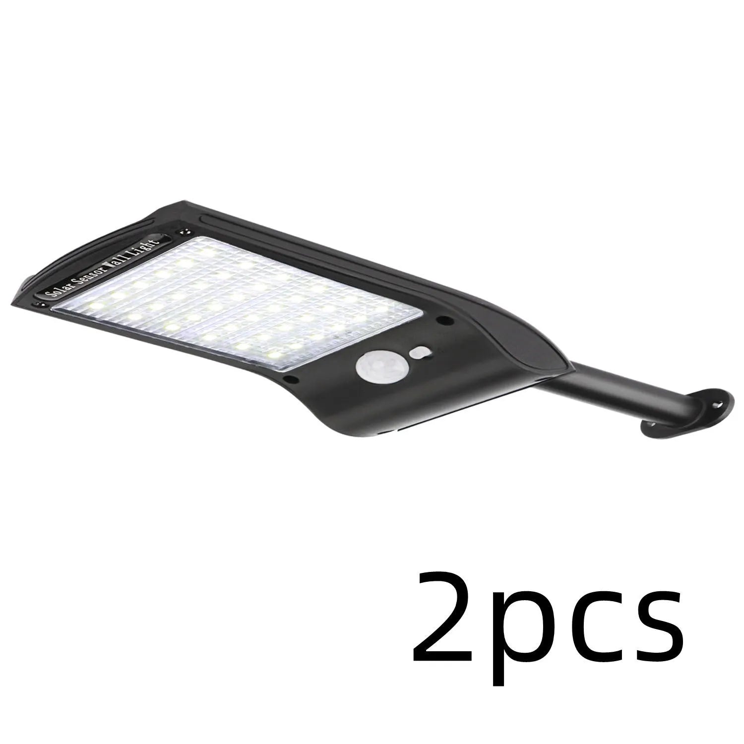 Black L808B solar wall light with diamond-pattern casing and adjustable pole mounted on an exterior wall.