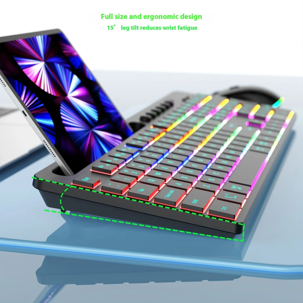 Wireless keyboard and mouse set showing luminous keys and integrated card slot with ergonomic design