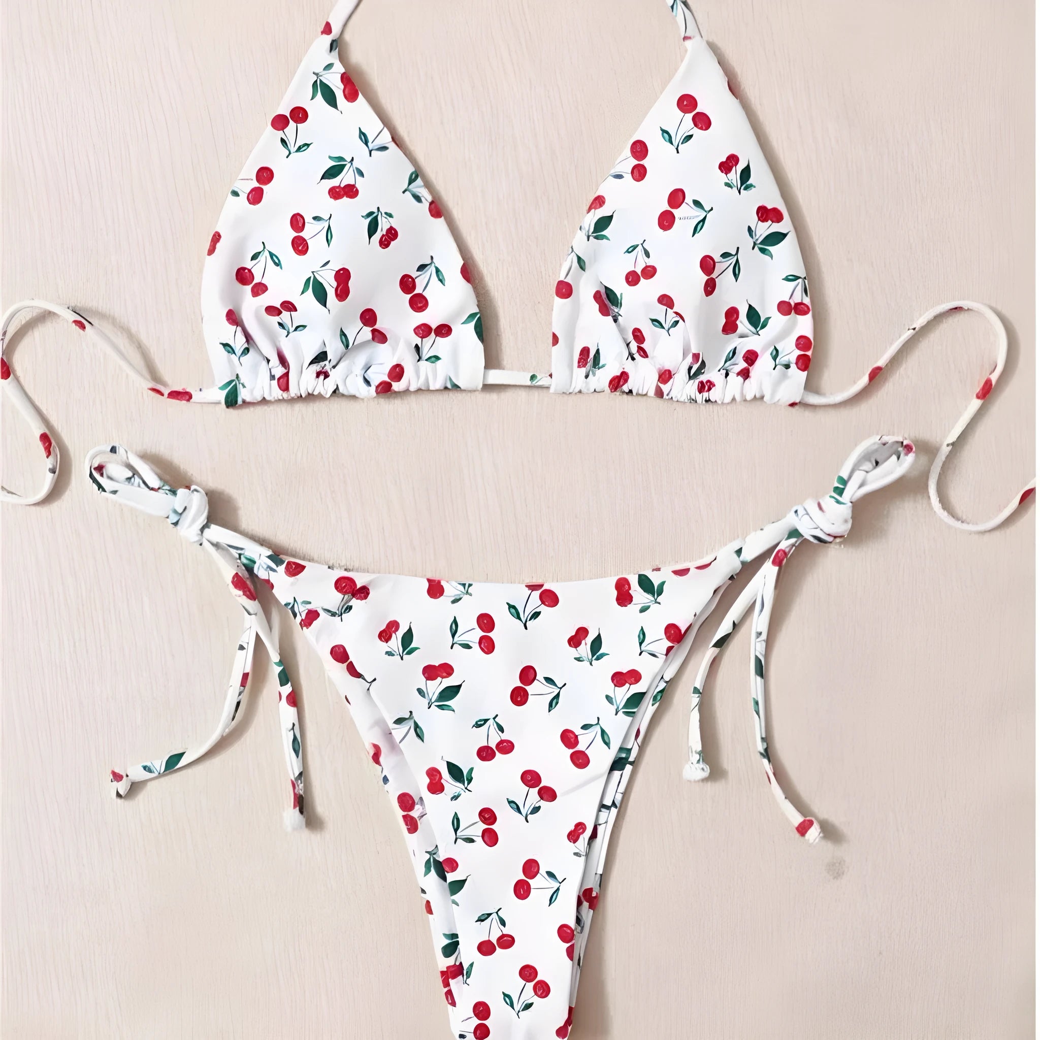 Women's holiday split halter bikini swimsuit in Picture Colour with backless design