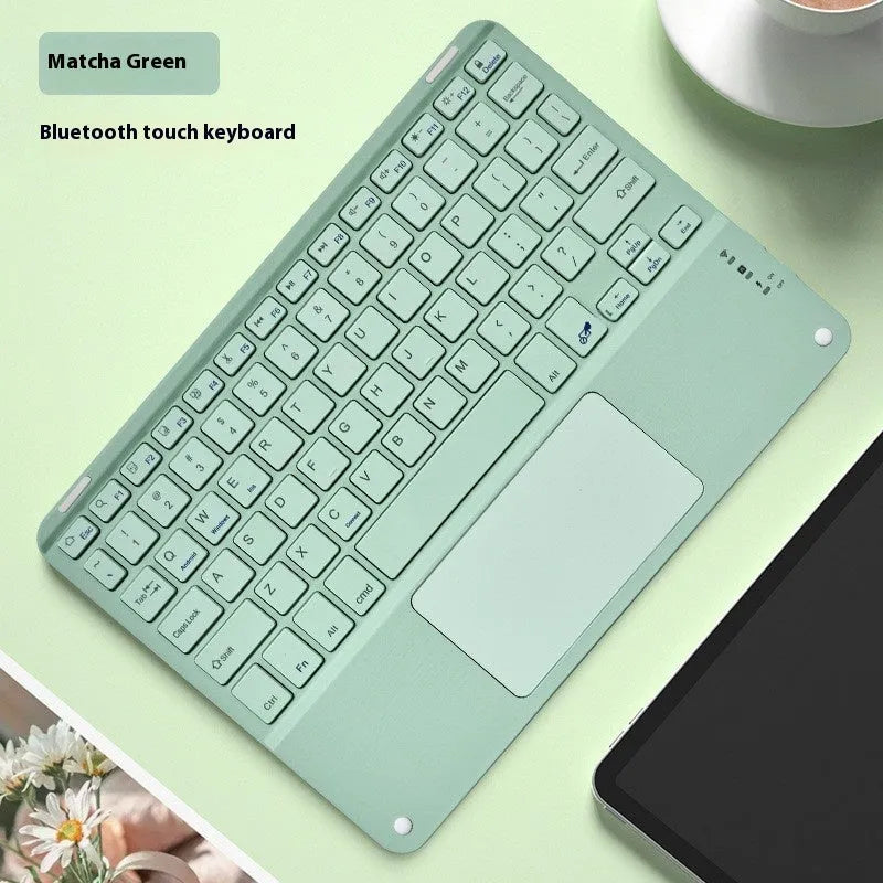 Square hat touch design Bluetooth wireless keyboard shown in multiple colour options on a desk.