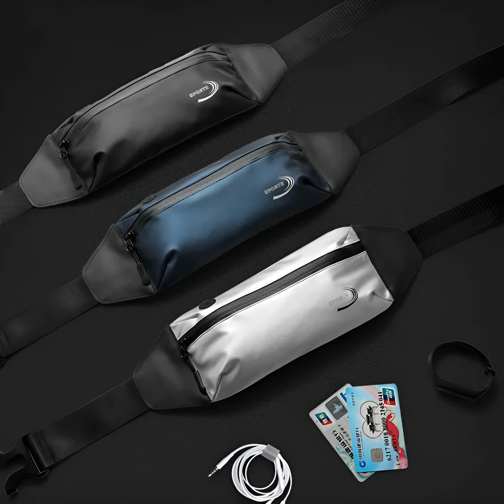 Men's solid-colour waterproof waist bag in blue, shown with dimensions for sports use.