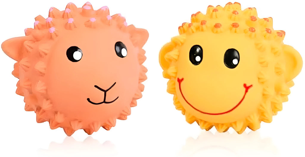 Orange and yellow spiky latex dog toy with animal design, shown next to a measuring tape showing 3 inch diameter.