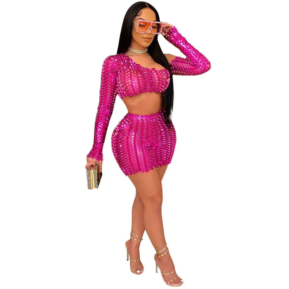 Hollow-out net two-piece dress set with sleeveless top and short skirt in polyester fabric