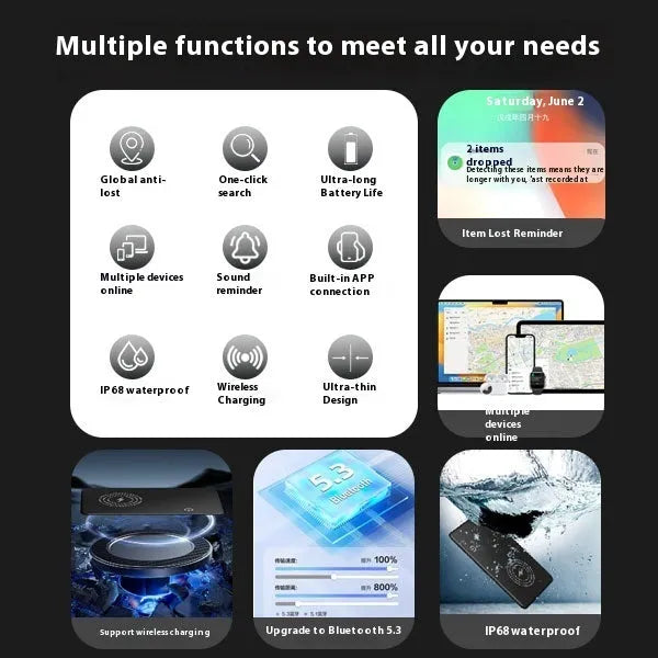 MFI Findmy AirTag anti-lost card tracker in black, shown next to a set of keys highlighting its slim 84mm x 52mm size.