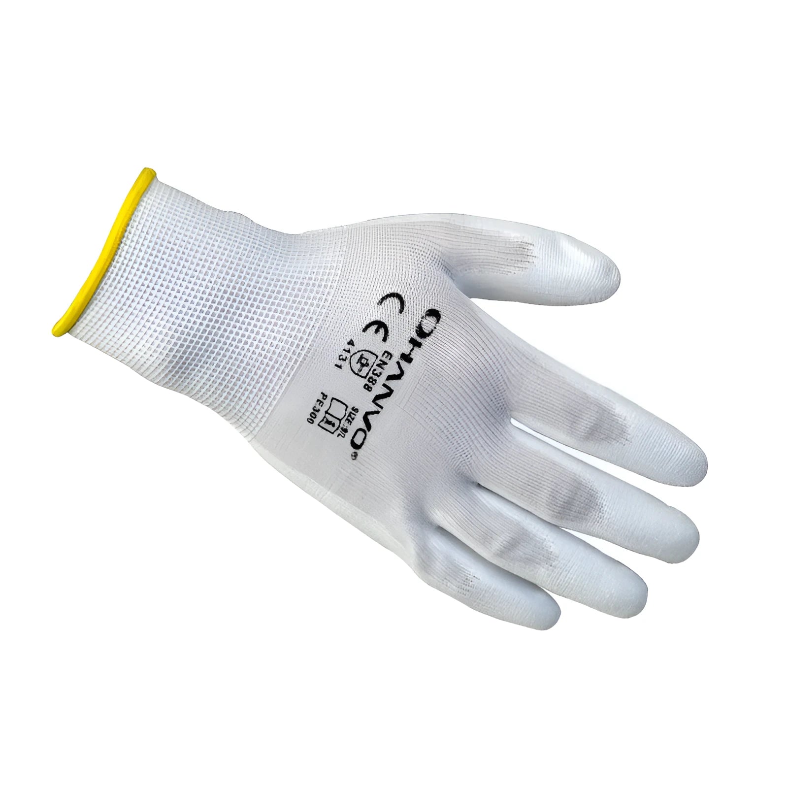 White PU-coated labour gloves showing flexible design and 24cm length on work surface