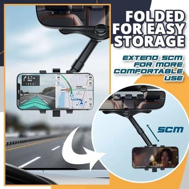 Black rearview mirror car phone holder showing 360-degree rotation and retractable arm extension.