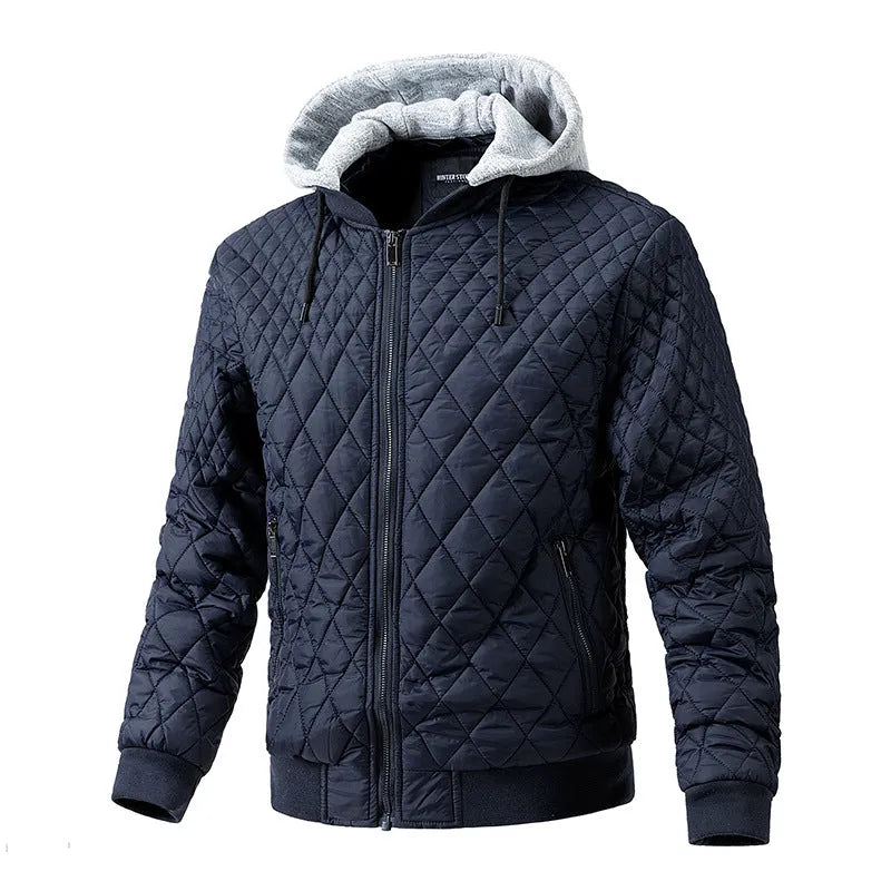 Men's casual quilted jacket with removable hood, long sleeves, straight hem, regular length, in army green colour