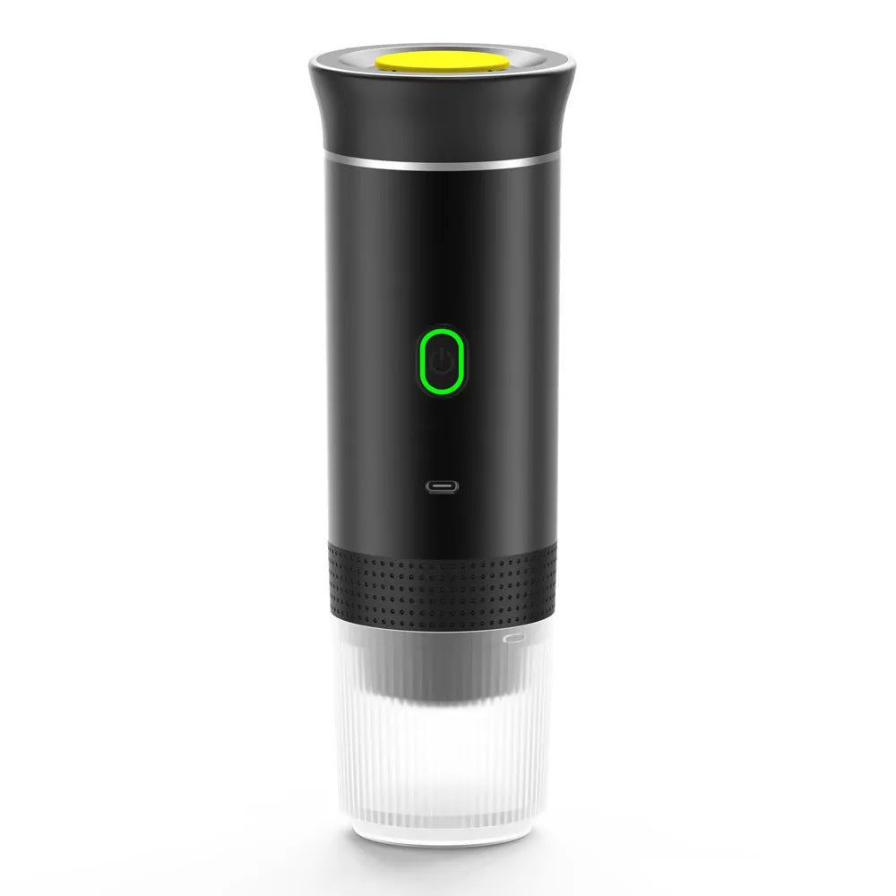 White portable espresso machine with grinder, showing capsule compartment and USB charging cable