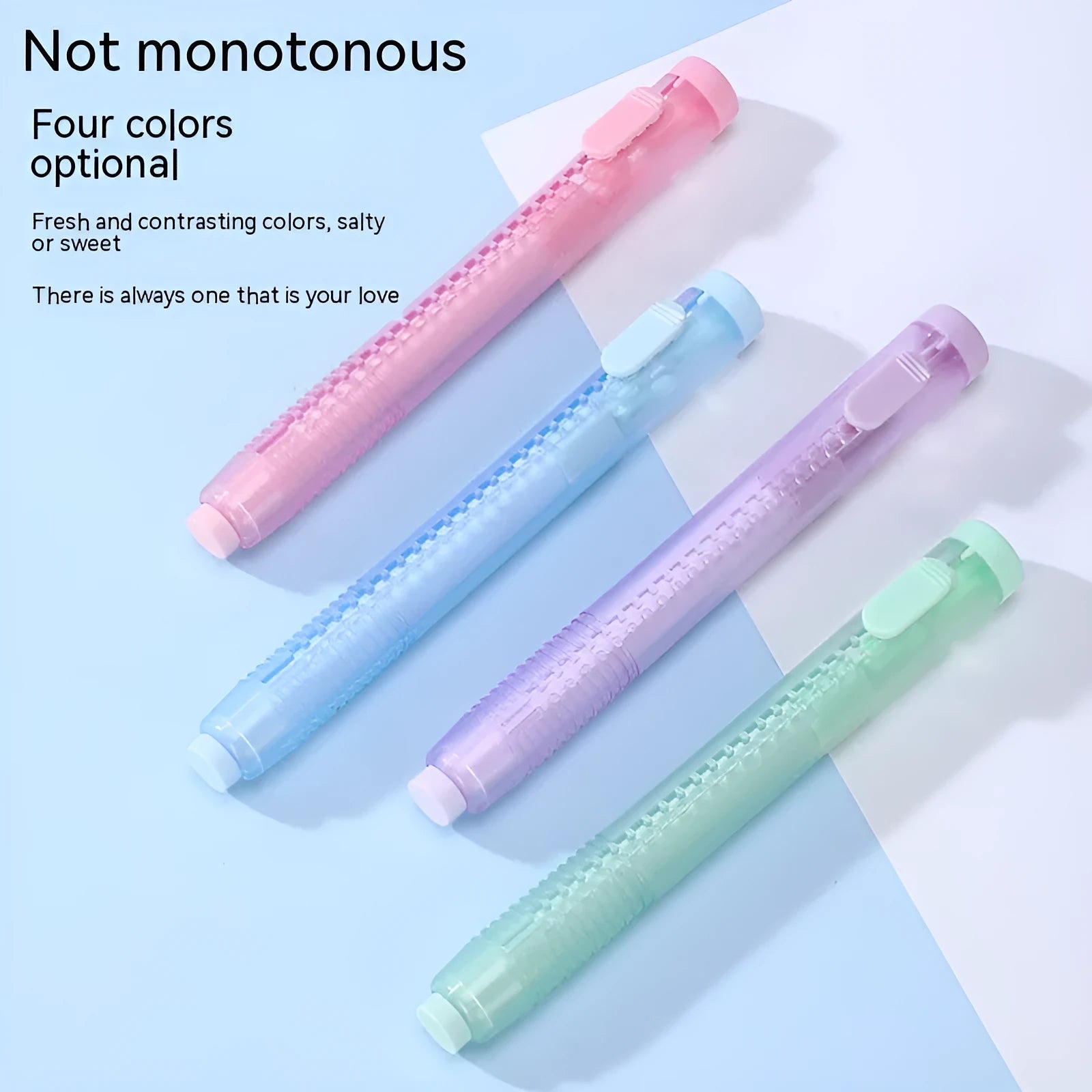 Push type automatic eraser in blue, green, pink, purple colours measuring 12cm by 8cm