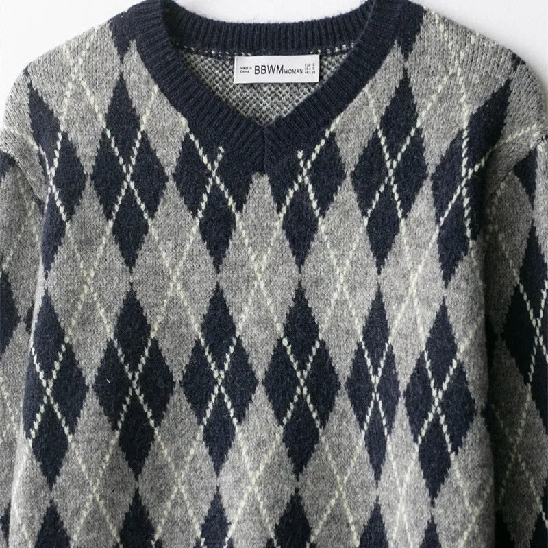 Women's contrast-colour diamond pattern knit sweater pullover long sleeves regular fit casual top