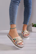 Women's creamy-white platform sandals with beach bow decoration and cloth upper