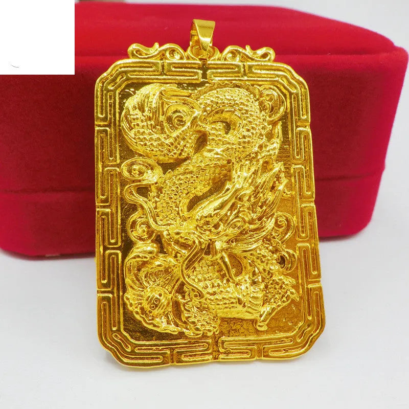 Gold dragon pendant for men, solid 40g metal, animal zodiac style, on display