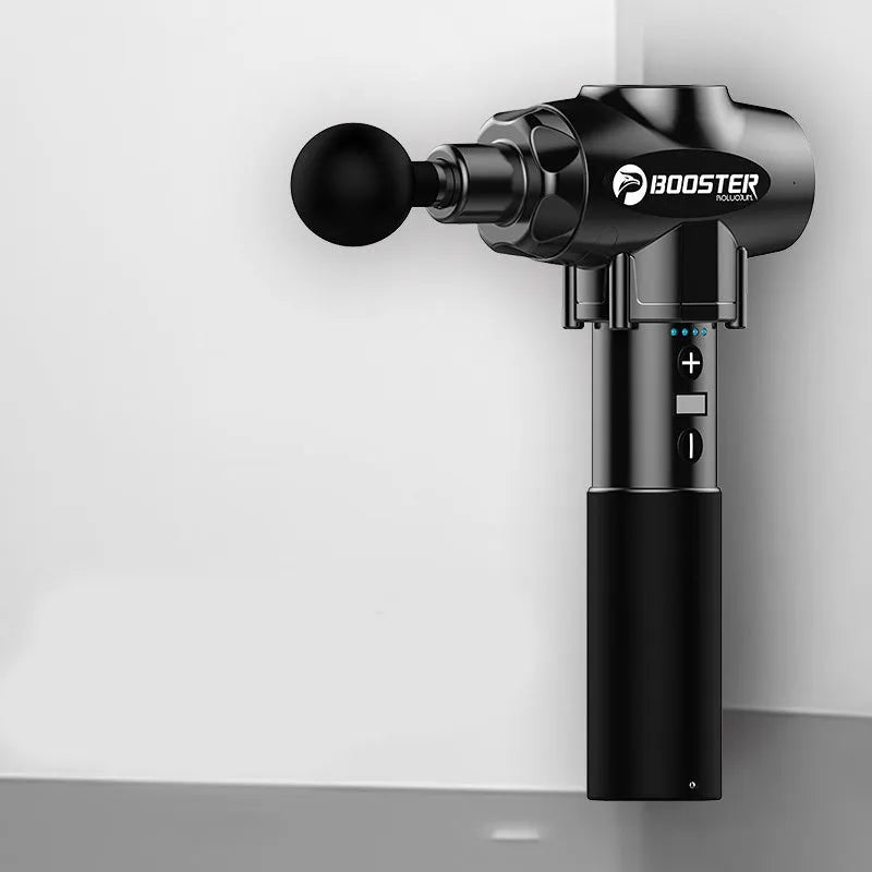 Black and white handheld muscle massage gun with adjustable speed settings
