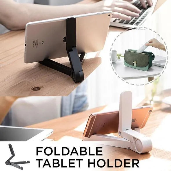 Black foldable tablet holder showing adjustable angles and rubber surface for device protection