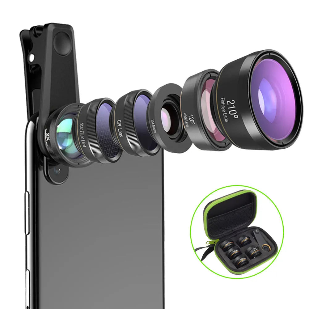 Black 6-in-1 universal smartphone camera lens kit with fisheye, macro, wide-angle, telephoto, filters, clip, and case.