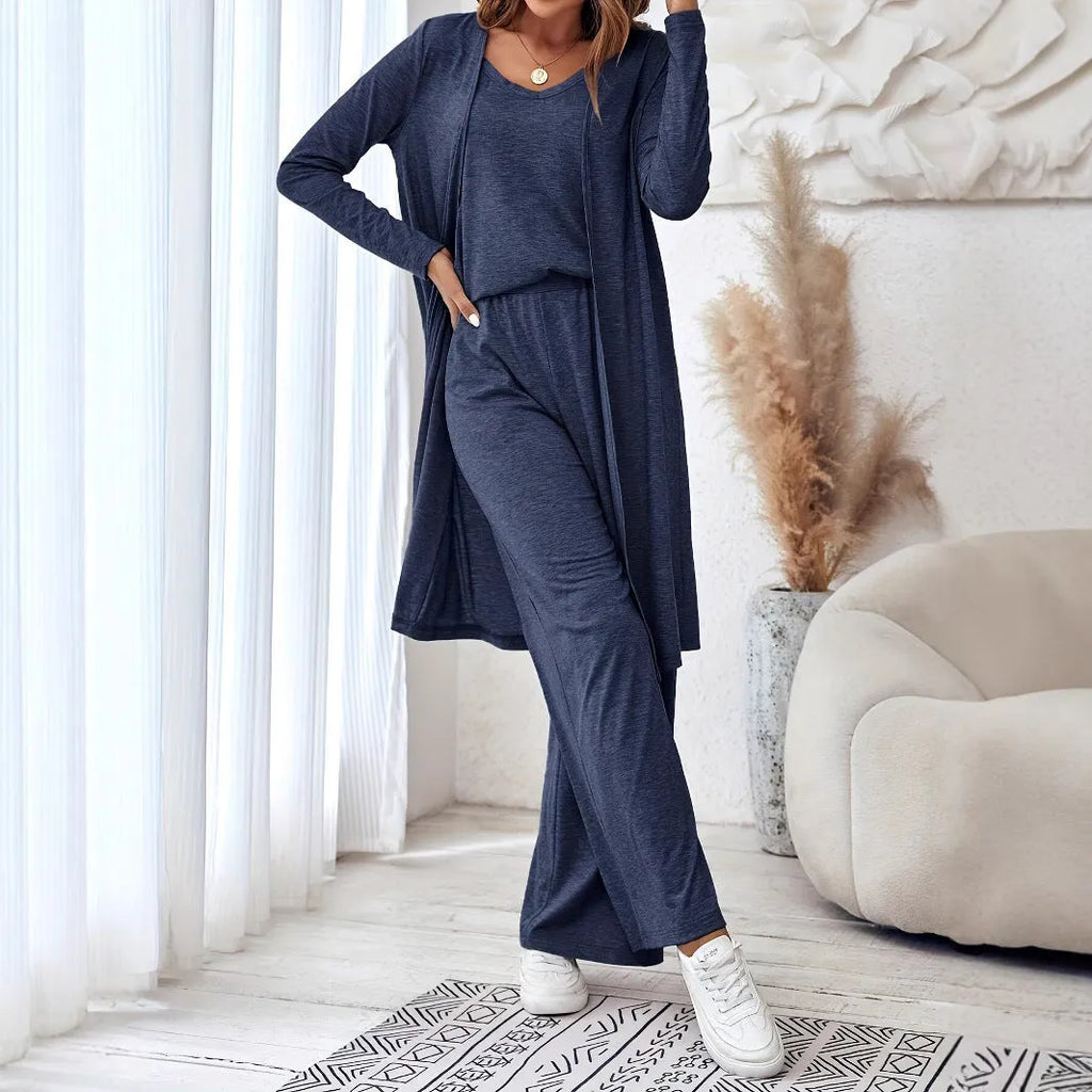 Blue womens casual co-ord set featuring a long sleeve top and matching trousers with detachable braces.