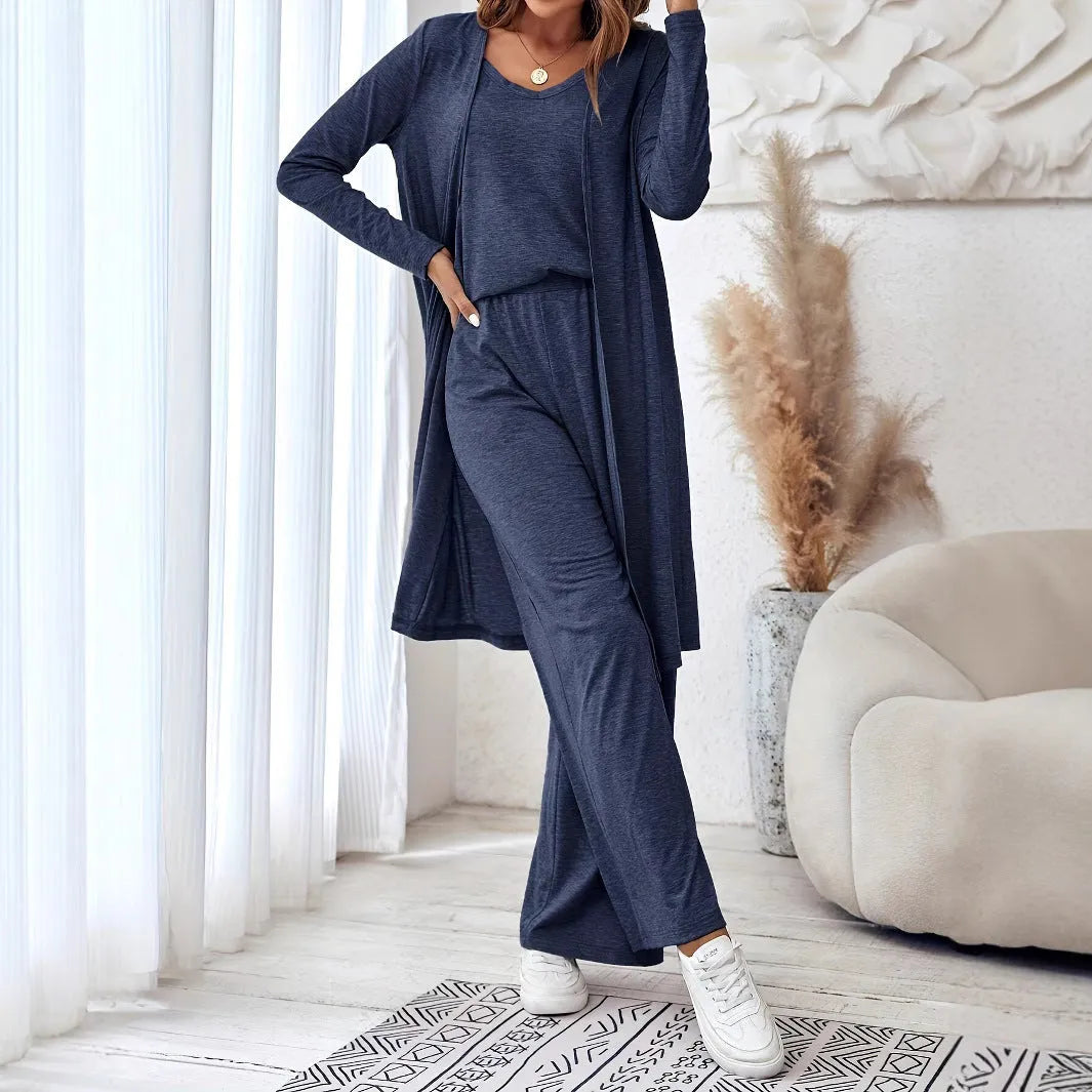 Blue womens casual co-ord set featuring a long sleeve top and matching trousers with detachable braces.