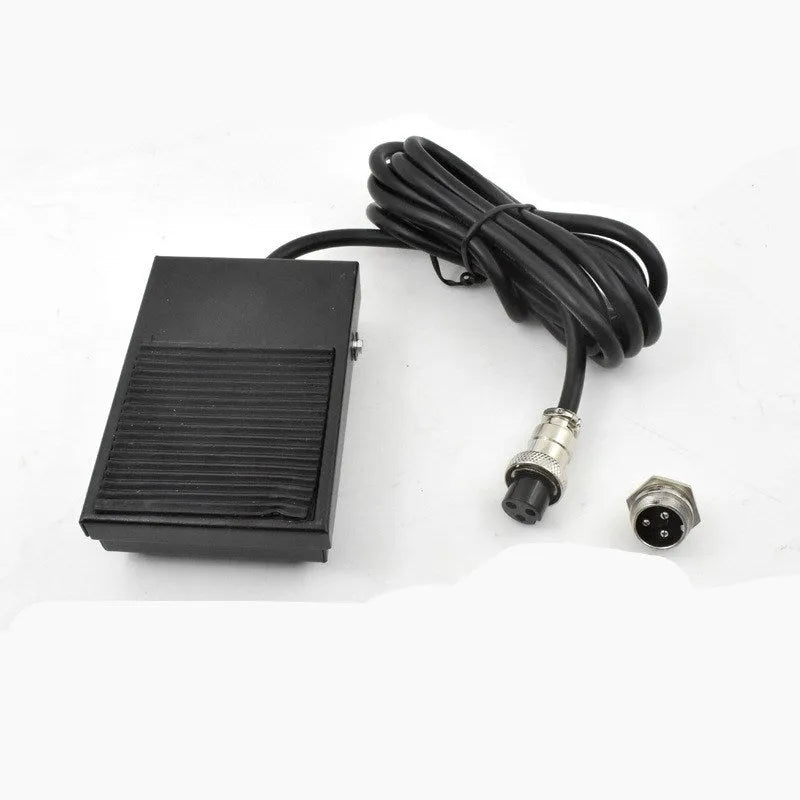 Metal welding foot switch pedal with black rubber top and 1.8 metre grey cable ending in a 2-pin plug connector.
