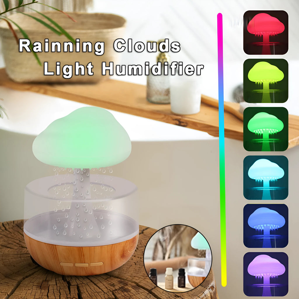White cloud-shaped humidifier with colour-changing night light and USB cable.
