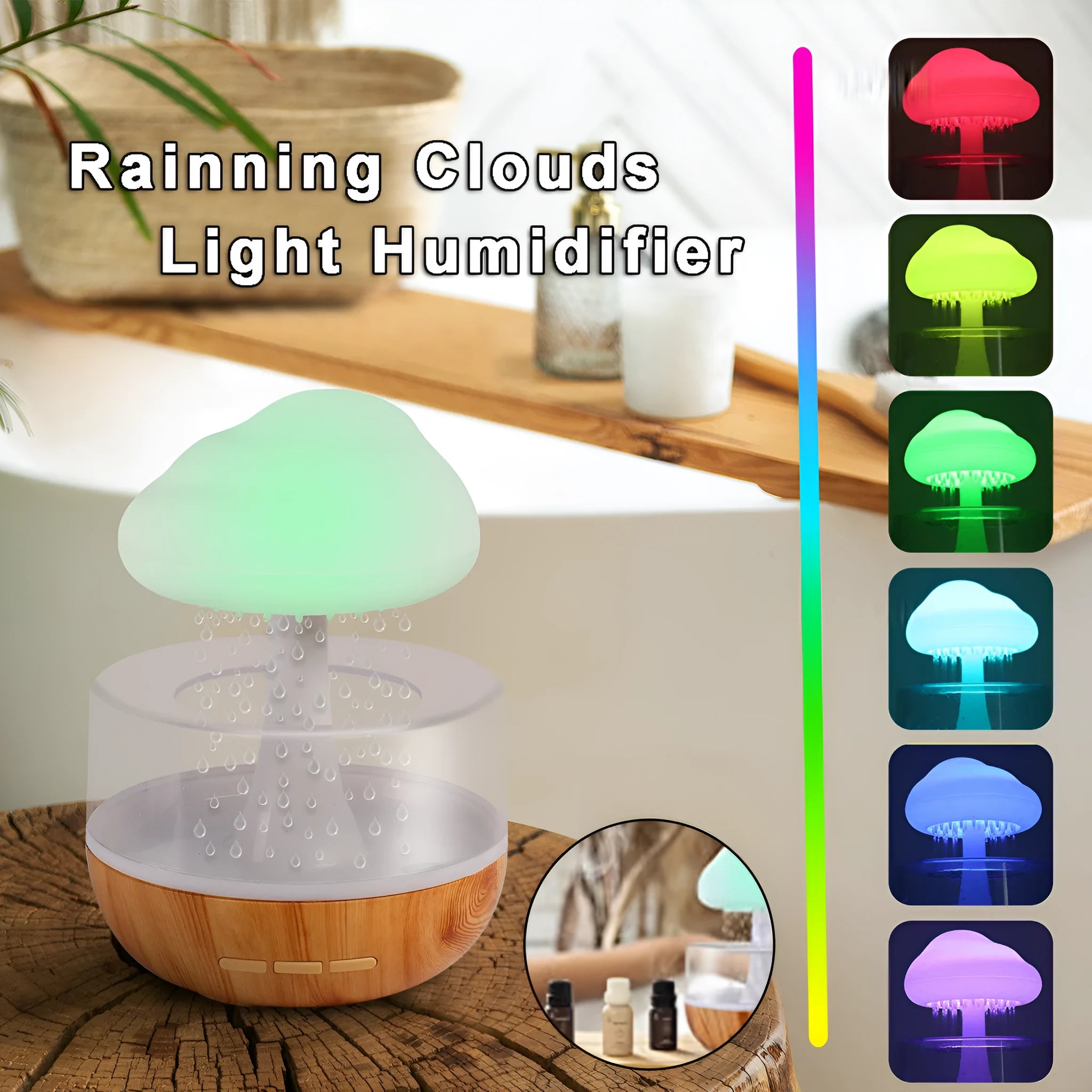 White cloud-shaped humidifier with colour-changing night light and USB cable.