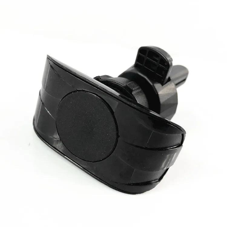 Black car phone holder mounted on vehicle air vent showing smartphone placement