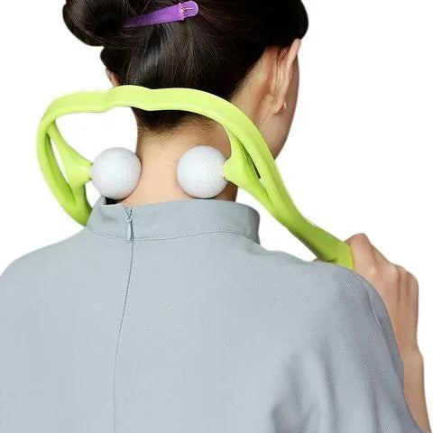 Blue plastic handheld neck massager with adjustable bracket and 3D floating-point massage head.