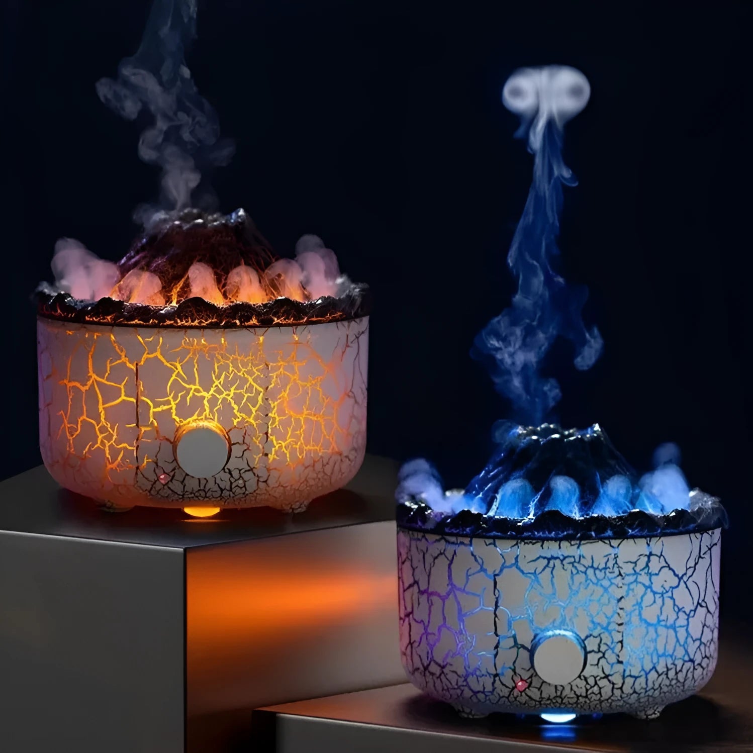 Creative column-shaped volcano humidifier diffuser with LED light flame effect and mist ring.