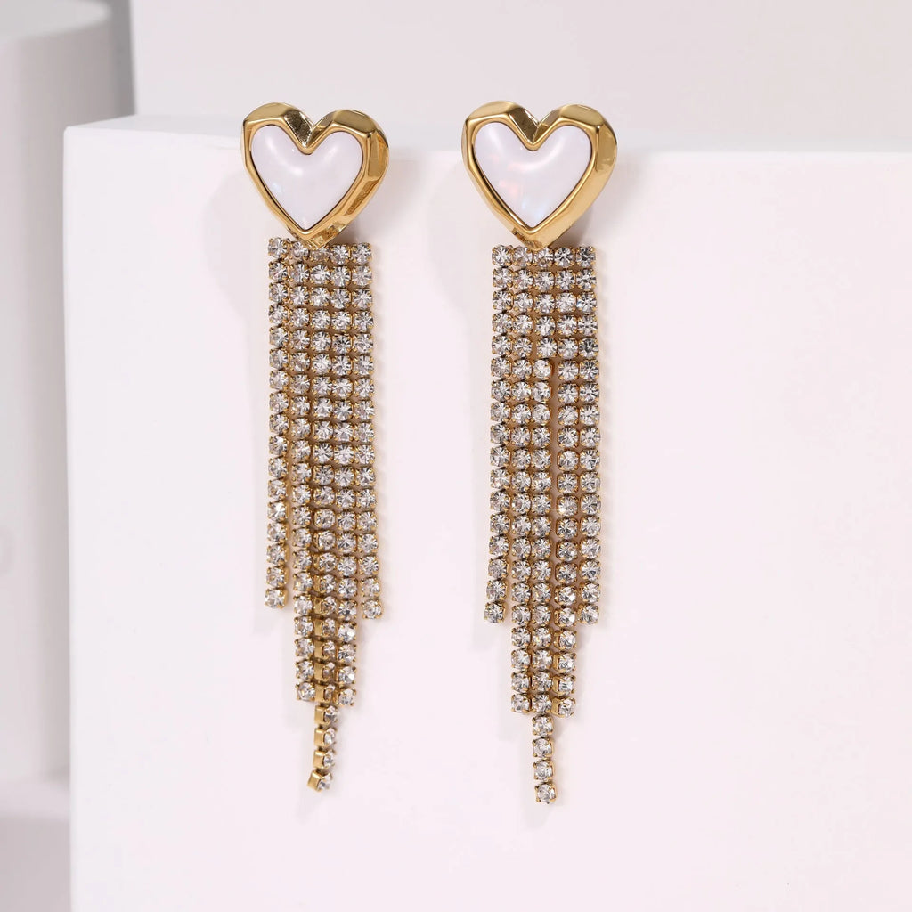 Stainless steel earrings with love heart shape, five-pointed star elements and diamond tassel detailing
