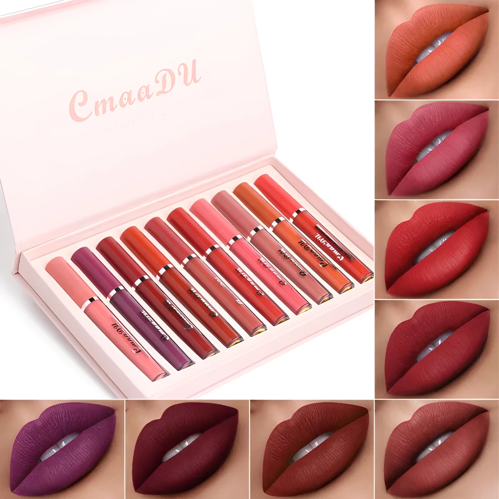 Set of 10 waterproof matte lipsticks in photo colour with 3g per stick and 36-month shelf life