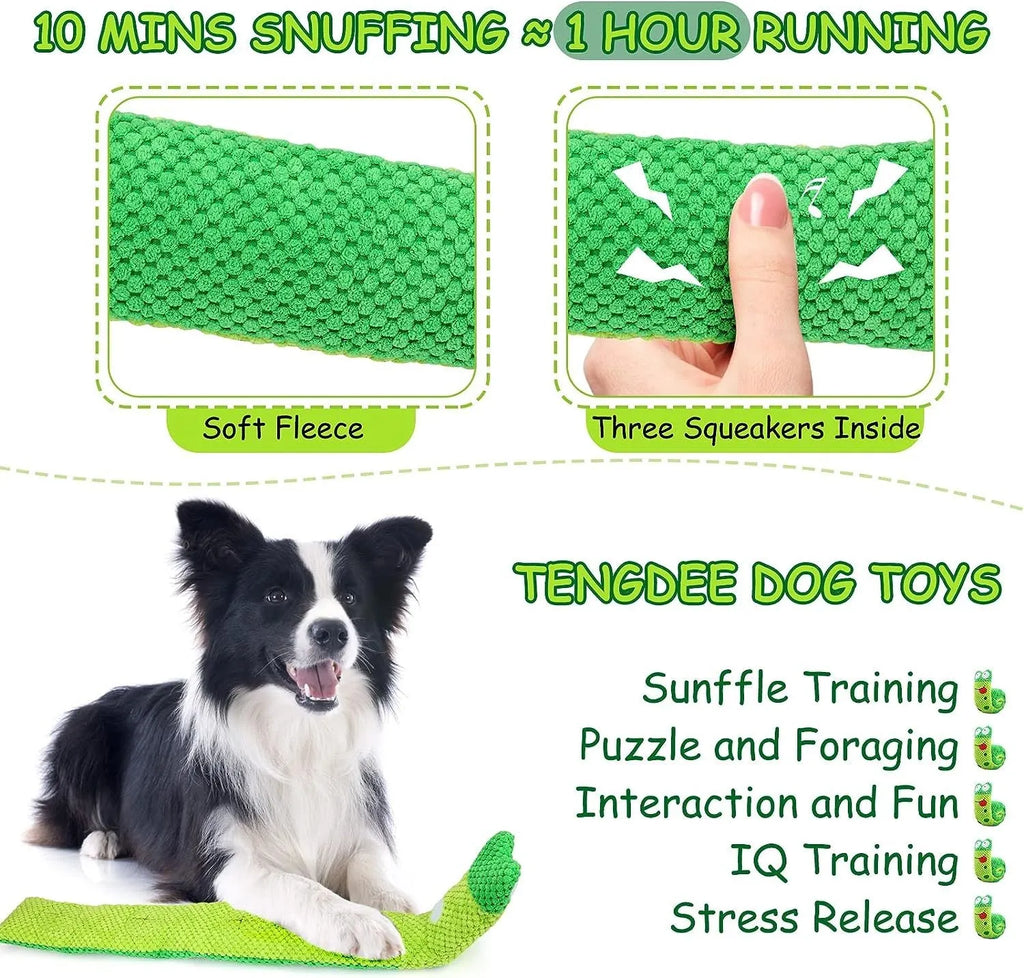 Interactive squeak and snuffle dog puzzle toy in frog, snail, or snake plush designs
