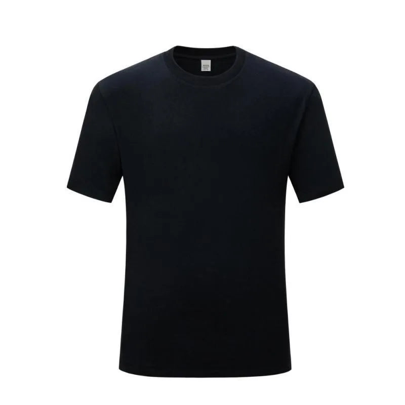 Men's solid colour short sleeve cotton blend t-shirt on a hanger, shown in black and white.