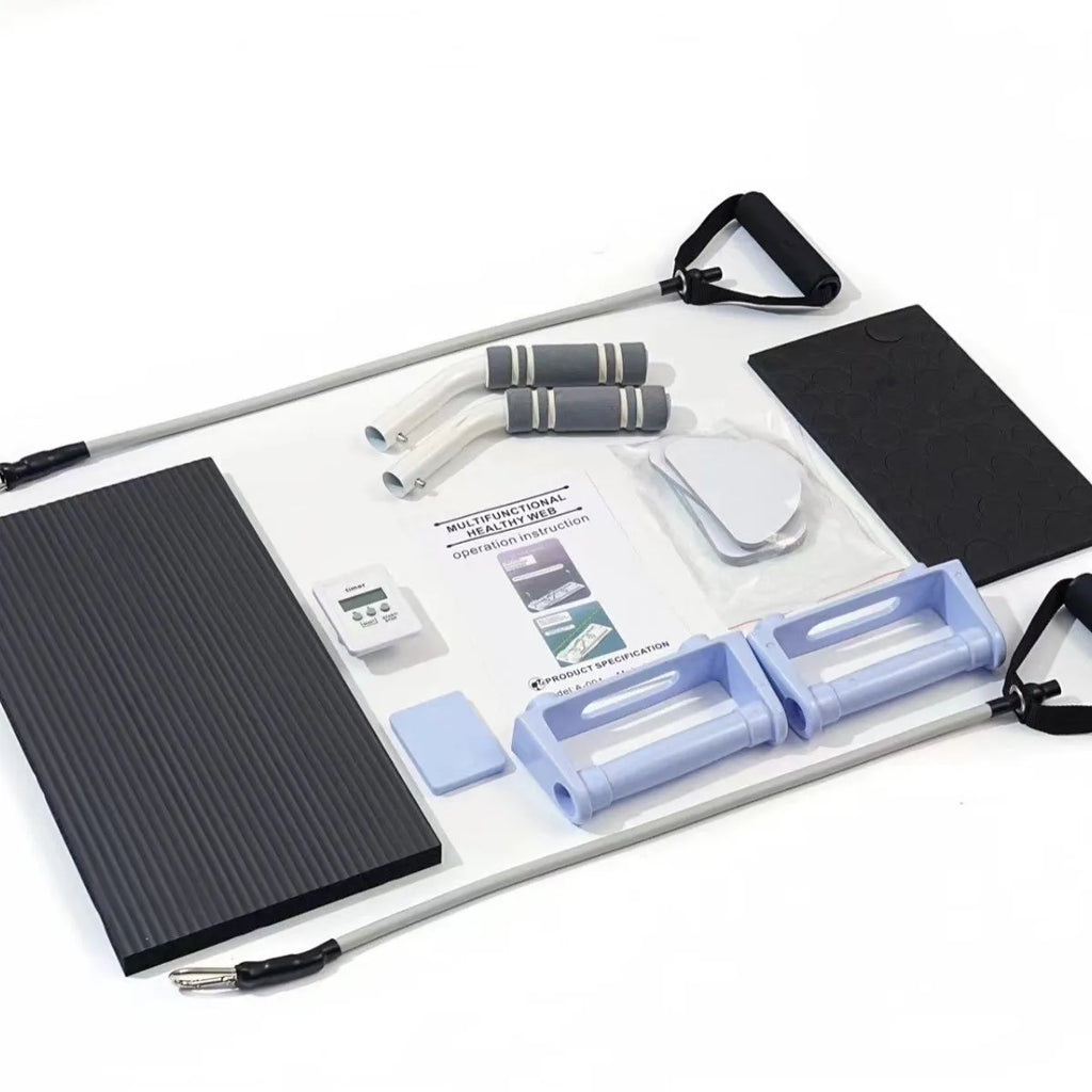 Foldable purple PP belly panel fitness equipment on a grey floor.
